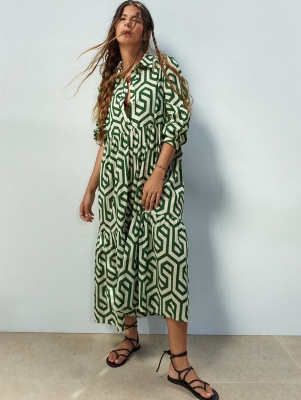 The Zara Green Ecru Geometric Print Karen Tiered Midi Dress Size LARGE